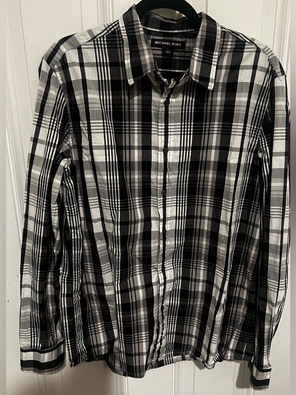 Michael Kors Mens Large Black White Plaid Cotton Long Sleeve Button Down Shirt